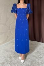 Saks İşlemeli Kolu Garnili Elbise - Görsel 4