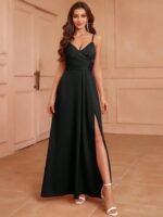 Kadın Ip Askılı Kruvaze Yakalı Yırtmaçlı Uzun Ithal Krep Elbise - Görsel 2