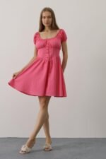 Beli Korseli Mini Elbise - Fuşya - Görsel 3