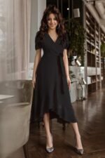 Kadın Kruvaze Yaka Midi Boy Kuşaklı Krep Elbise 120 Cm - Görsel 4