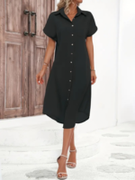 Kadın Kısa Kollu Yakalı Düğme Detay Midi Dokuma Elbise - Görsel 5