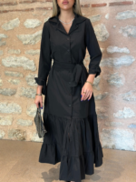 Kadın Uzun Kollu Eteği Fırfırlı Beli Kuşaklı Trikoton Tam Boy Gömlek Elbise - Görsel 11