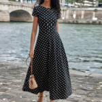 Kadın Kısa Kollu Bisiklet Yaka Puantiyeli Maksi örme Krep Elbise - Görsel 2