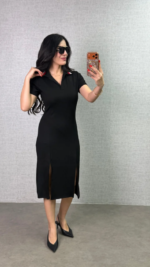 Kadın Polo Yaka çift Yırtmaç Detay Modal Kumaş Midi Boy Elbise - Görsel 2