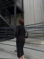 Kadın Uzun Kollu Kruvaze Yaka Büzgü Ve Balon Kol Detay Krep Kumaş Maxi Boy Simli Elbise - Görsel 5