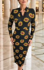 Kadın Uzun Kollu V Yaka Puantiyeli Krep Midi Boy Elbise - Görsel 5