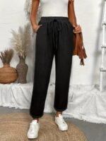 Kadın Yüksek Bel Lastikli Belde Bağcık Detaylı Aerobin Pantolon - Görsel 2