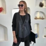 Kadın Uzun Kollu Asimetrik Kesim Viskon Bluz Ve çatlak Deri Görünümlü Yelek Ikili Takım