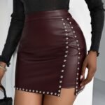 Kadın Yüksek Belli Yandan çivili Mini Deri Etek