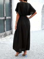 Kadın Kısa Kollu V Yakalı Beli Lastikli Uzun Viskon Elbise - Görsel 2