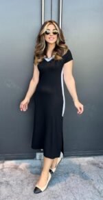 Kadın Kısa Kollu V Yakalı Yandan şerit Ve Yırtmaçlı Viskon Uzun Elbise - Görsel 2