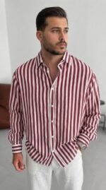 Erkek Dikey Çizgili Yarım Oversize Gömlek - Görsel 2