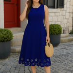 Kadın Kolsuz Etek Ucu Lazer Kesim çiçek Desenli Midi Boy Ithal Krep Elbise