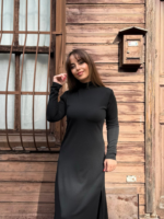 Kadın Uzun Kollu Balıkçı Yaka Derin Yırtmaç Detay Krep Elbise - Görsel 11