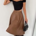 Kadın Yüksel Bel Deri Kloş Etek