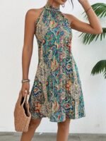 Kadın Sıfır Kol Boyundan Askılı Desenli Midi Süprem Elbise - Görsel 5