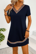 Kadın Kısa Kollu V Yakalı Etnik Desen şerit Detaylı Viskon Elbise - Görsel 2