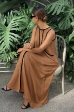 Kadın Omuzlardan Açık Yaka Ince şerit Detaylı Uzun Viskon Elbise - Görsel 3