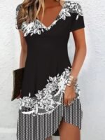 Kadın Kısa Kollu V Yakalı çiçek Baskılı Süprem Elbise - Görsel 2