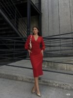 Kadın Kruvaze Yaka Balon Kol Simli Krep Kumaş Midi Boy Elbise - Görsel 2