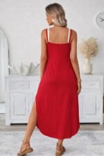 Kadın Ip Askılı Yuvarlak Yakalı Cepli Uzun Viskon Elbise - Görsel 3