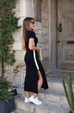 Kadın Kısa Kollu V Yakalı Yandan şerit Ve Yırtmaçlı Viskon Uzun Elbise - Görsel 3