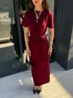 Kadın Kısa Kollu Bisiklet Yaka Yandan Bağlamalı Viskon Iki Iplik Elbise - Görsel 3