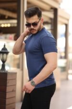 Erkek Ince çizgi Dokulu Bisiklet Yaka Kısa Kollu T-shirt - Görsel 2