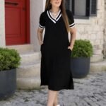 Kadın Kısa Kollu V Yaka Kol Ve Yaka Ribana Detay Midi Boy Viskon Elbise