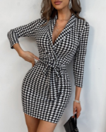 Kadın Uzun Kollu Kruvaze Yaka Bağlamalı Kemer Dalgıç Mini Boy Elbise - Görsel 6