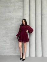 Kadın Yarım Balıkçı Yaka Kolları Transparan Astarlı Full şifon Elbise - Görsel 3