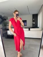 Kadınn V Yaka Düğme Detay Kuşak Dahil Elbise - Görsel 4