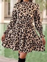 Kadın Uzun Kollu Yarı Balıkçı Yaka Leopar Desenli Modal Mini Elbise - Görsel 3