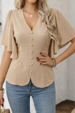 Kadın Kısa Kollu önden Düğmeli Ithal Krep Bluz - Görsel 2