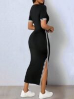 Kadın Kısa Kollu V Yakalı Yandan Yırtmaçlı Viskon Iki Iplik Elbise - Görsel 5