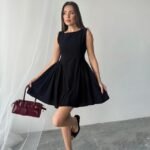 Siyah Mini Boy Büzgülü Keten Elbise