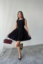 Siyah Mini Boy Büzgülü Keten Elbise