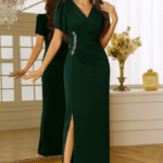 Kadın Kısa Kollu Kruvaze Yakalı Belden çiçek Aksesuarlı Yırtmaçlı Ithal Krep Elbise