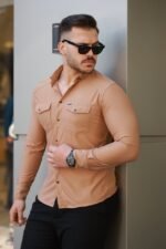 Erkek çift Cepli çıtçıt Düğmeli Uzun Kollu Gömlek