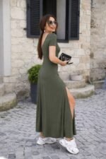 Kadın Kısa Kollu Sırt Dekolteli Yırtmaç Detaylı Viskon Elbise - Görsel 3