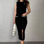 Kadın Modal Kumaş Cepli Yırtmaç Detay Etekli Ikili Takım