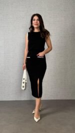 Kadın Modal Kumaş Cepli Yırtmaç Detay Etekli Ikili Takım