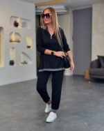 Kadın Uzun Kollu Ribana Ve Fermuar Detay Bluz Ve Yüksel Bel Pantolon 2li Takım - Görsel 3