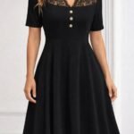 Kadın Kısa Kollu Dantel V Yakalı Düğmeli Kısa Janjan Krep Elbise