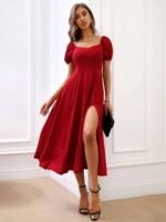 Kadın Kısa Kollu Kare Yakalı Yırtmaçlı Midi Janjan Krep Elbise - Görsel 4