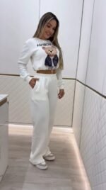 Kadın Uzun Kollu Bisiklet Yaka Desenli Iki Iplik şardonlu Bluz Ve Pantolon Ikili Takım - Görsel 3