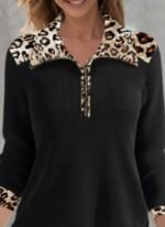 Kadın Uzun Kollu Leopar Yakalı Fermuarlı Waffle Bluz - Görsel 2