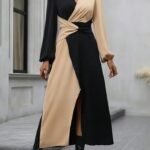 Kadın Uzun Kollu Kruvaze Yakalı Belden çapraz Detaylı çift Renkli Midi Ithal Krep Elbise