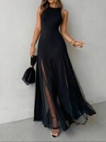 Kadın Askılı Bisiklet Yaka Etek Ucu Tül Detaylı Asimetrik Kiloş Uzun Ithal Krep Elbise - Görsel 3