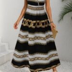 Kadın Kısa Kollu Kruvaze Yakalı Beli Lastikli Desenli Maksi Boy örme Krep Elbise